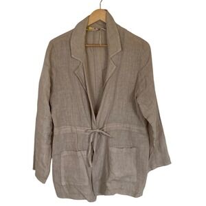 Lands Downunder Women's Tan Linen Tie Front‎ Jacket Size Large Long Sleeve